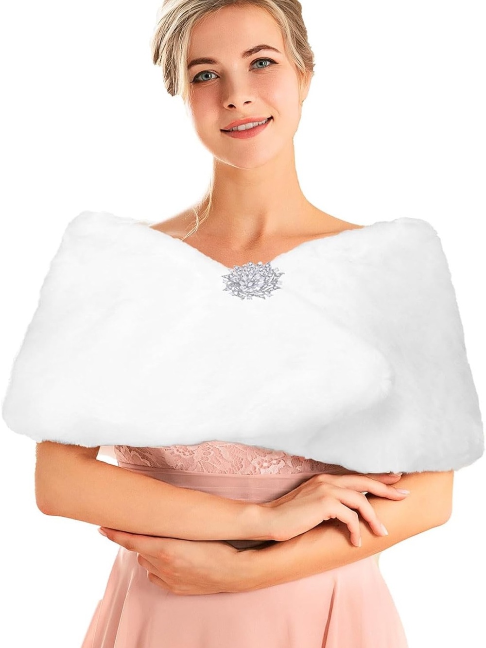Adrianna Papell White Faux Fur Bridal Shawl with Brooch